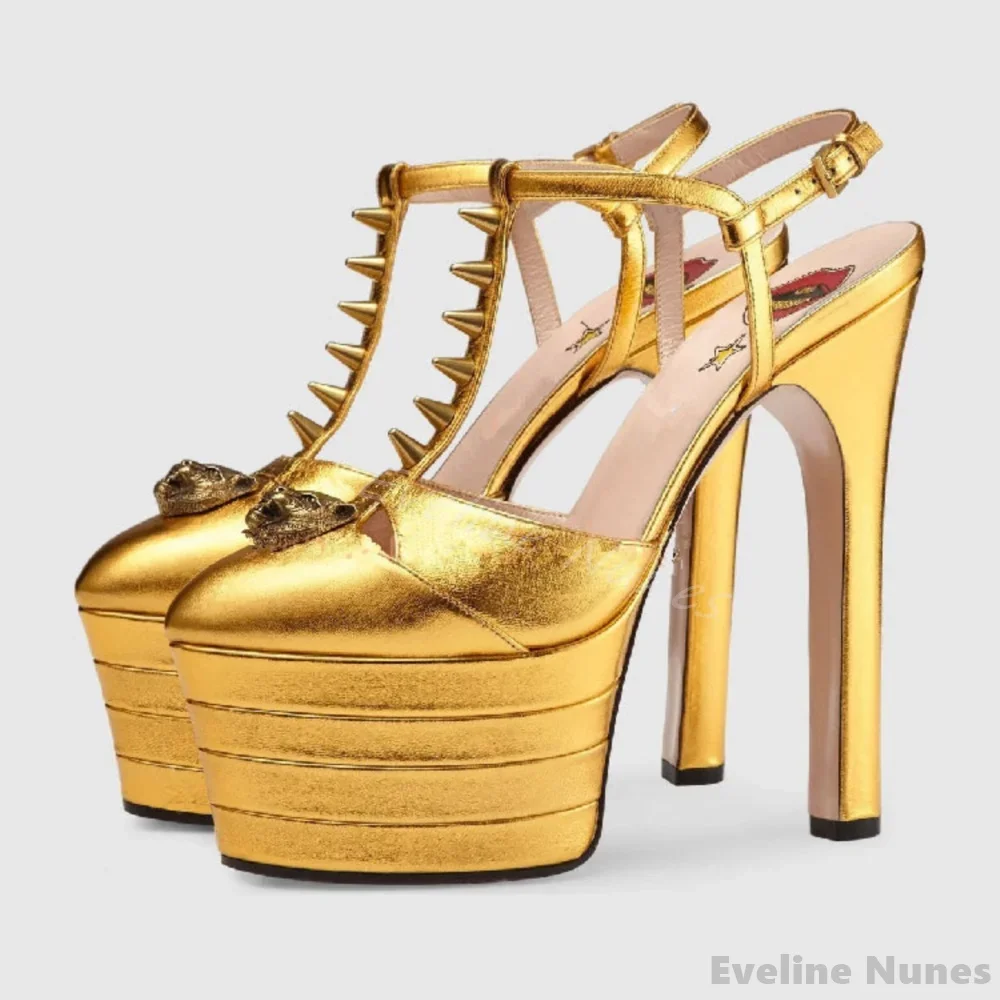 Thick-soled 16cm High-heeled Sandals Women Round Toe Rivet Metal Decoration Mixed Colors Sandals 2024 Sexy Catwalk Party Shoes