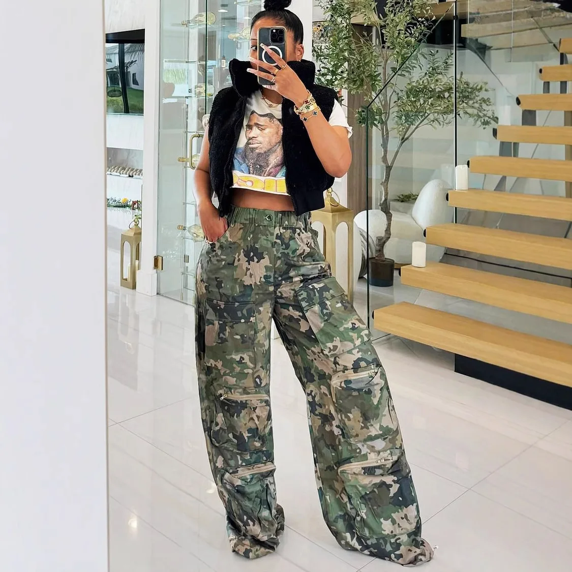 Women Camouflage Cargo Pants High Waist Trousers Straight Pant Casual Pockets Loose Long 2025 Summer Capris Y2k Streetwear