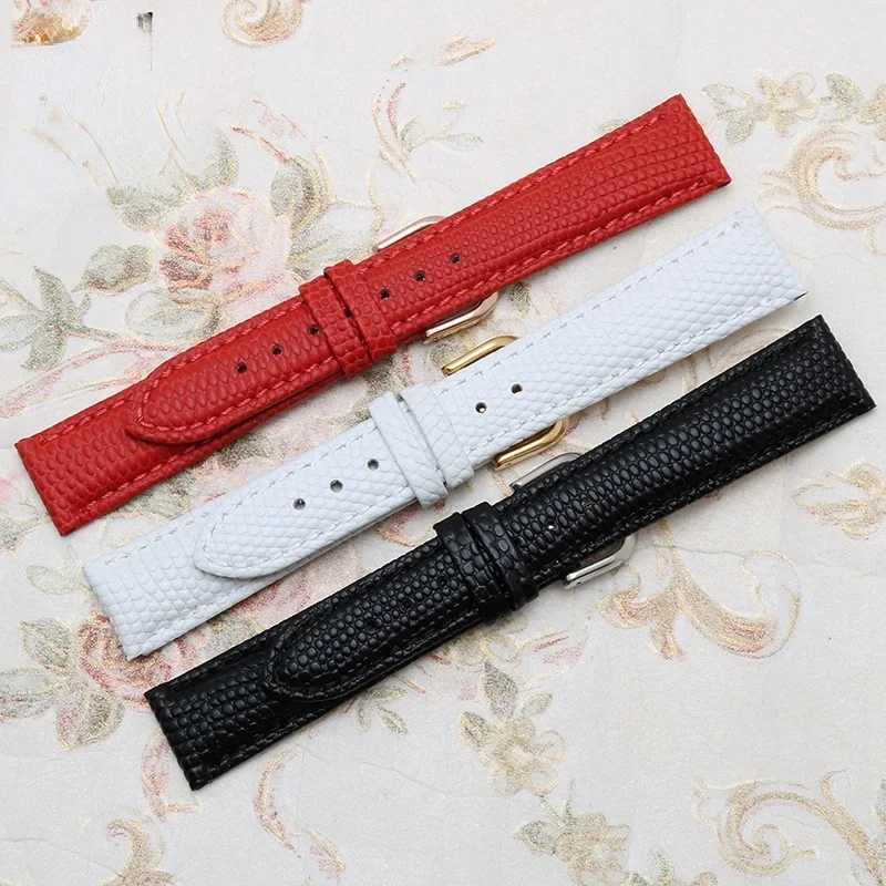 Genuine Leather Watch Strap for Rosdn Watch Band 3136 2057 Lizard Pattern Women's Watch Band 12mm Red White Women's Square