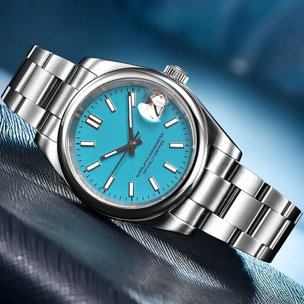 

Горячий полированный круглый безель 36/39 мм Tandorio NH35, автоматические часы для мужчин и женщин, указатель даты, сапфировый браслет, Glidelock, винтовая корона