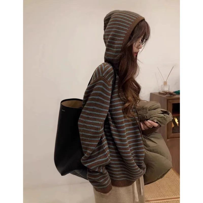 

Fashionable Hooded Knitted Sweater, Soft And Loose Striped Sweatshirt For Autumn And Winter, And Youthful Pullover Sweater