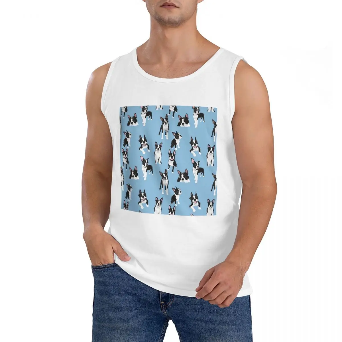 Camiseta sin mangas 100% algodón con diseño de Boston Terrier, ropa deportiva para hombre, chaleco con cuello redondo para hombre