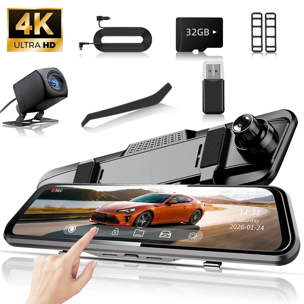 

10-дюймовый 4K видеорегистратор-зеркало, сенсорная камера заднего вида с функцией парковки, ночное видение, круглосуточный мониторинг парковки, циклическая запись, универсальный