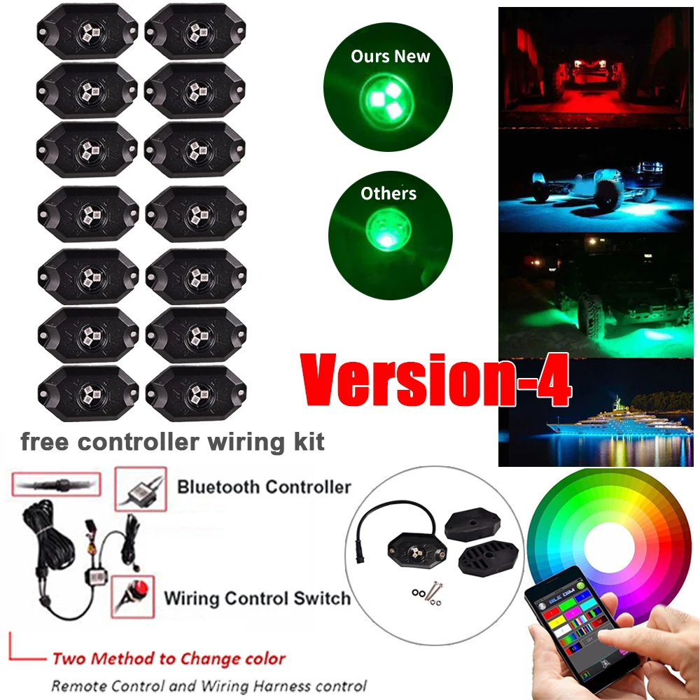 

4/6/8/10/12/16 Pods RGB Led Rock Light Kit IP68 Bluetooth Control Wiring Harness & Switch for Offroad SUV 4WD ATV UTE Car Trucks