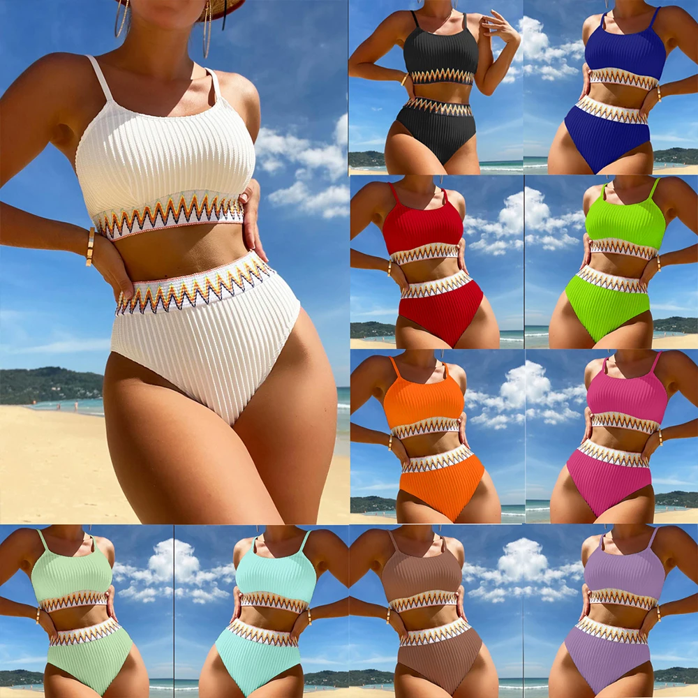 

Multicolored Ribbed High Waisted Women Bikini Set Fashion Swimsuit Sexy Beach Vacation Split Style Women's Beach Swimwear