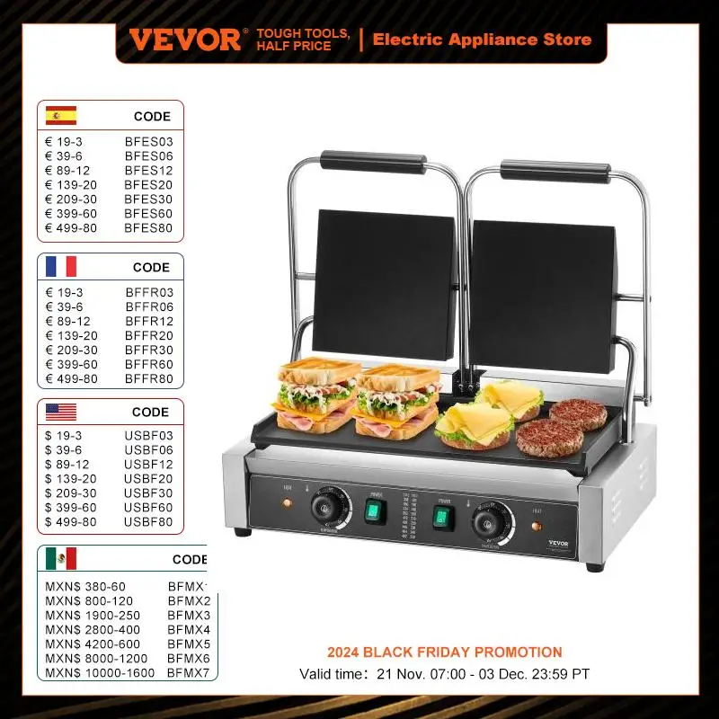 VEVOR Commercial Panini Grill 3600W Electric Panini Maker Stainless Steel Double Sandwich Press Panini Grill with Temp Control