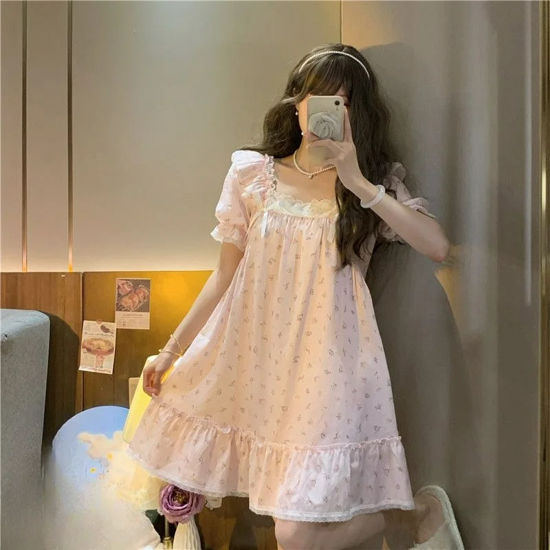 Sweet and Lovely Floral Bow Lace Lace Pajamas Women Summer Thin Short-sleeved Mid-length Nightdress Home Wear Comfortable