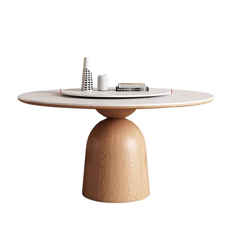 

Round dining table log cream wind small apartment household with turntable white rock slab dining table