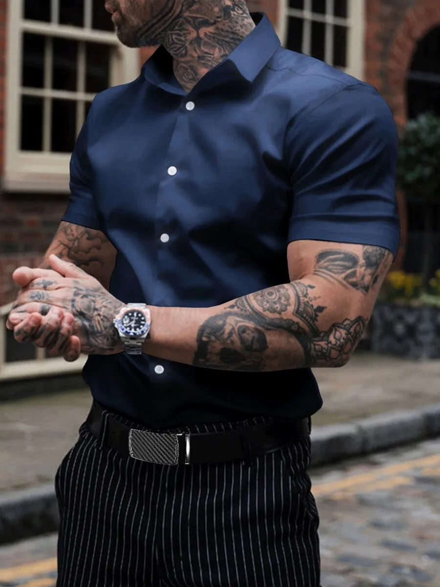 

Men's Lightweight Breathable Solid Satin Short Sleeve Shirt for Summer Casual Wear