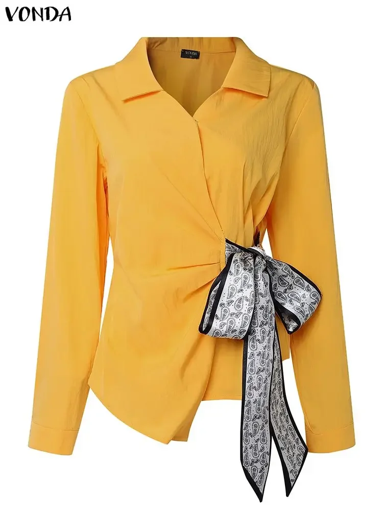 Vonda elegante senhora do escritório camisas blusa feminina outono manga longa com decote em v casual streetwear moda bandagem topos feminino