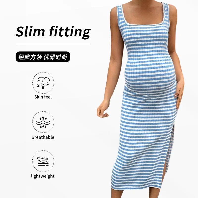 女性の夏スリムフィットセクシーなスクエアカラーストライプサイドスリットノースリーブシース妊婦ドレス