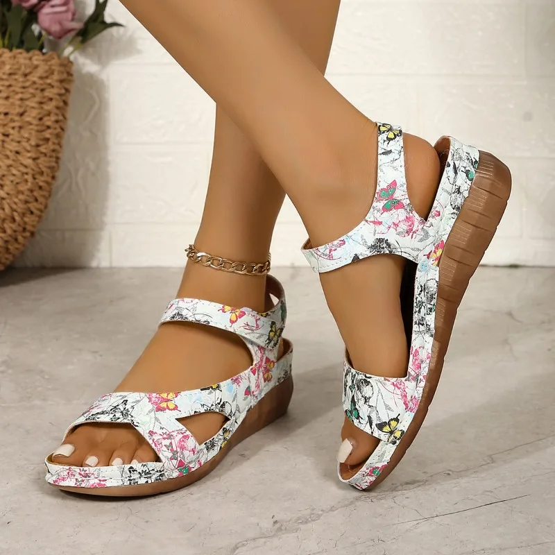 

Summer New Flower Pattern Adhesive Thick Heel Sandals Women's Cross-Border Large Size Slope Heel Open-Toe Beach Sandals