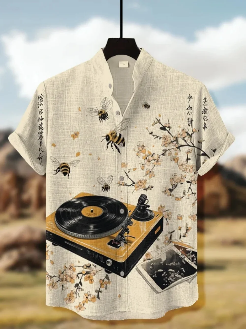 

Men's Vintage Record Printed Stand up Collar Short Sleeve Cardigan Fashionable Linen plus Size Top for Quick Ship