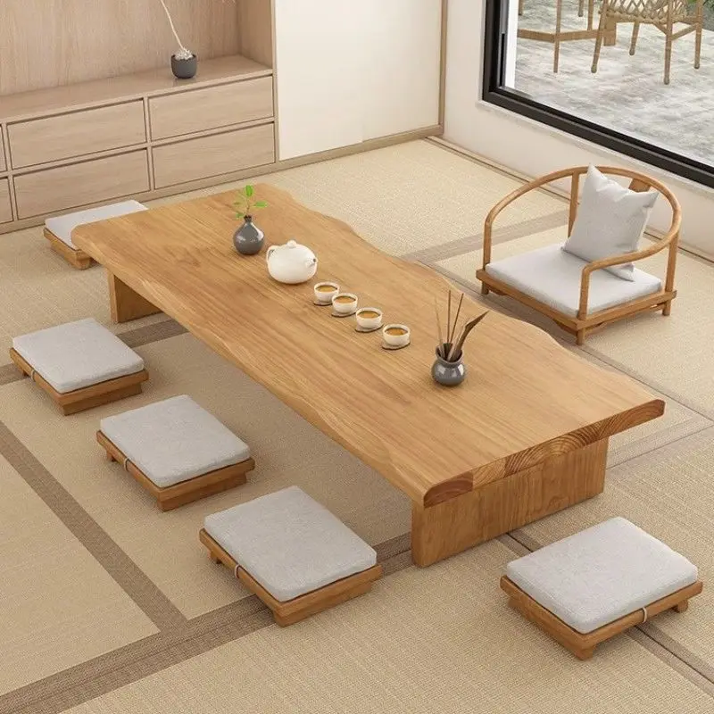 

Japanese-style solid wood tea table and chair combination tatami kang table Kung Fu tea table sitting tea room long Zen