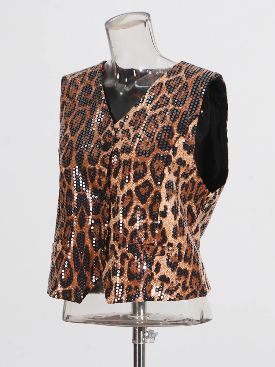 TWOTWINSTYLE, chaleco de lentejuelas de retales de leopardo para mujer, cuello en V, sin mangas, empalmado, abrigos elegantes de un solo pecho para