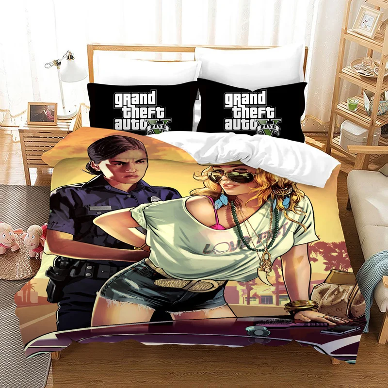 Game GTA V Bedding Set Cartoon Duvet Covers Pillowcase Grand Theft Auto 5 Comforter Bedding Sets Bed Linens Bedclothes(No Sheet)