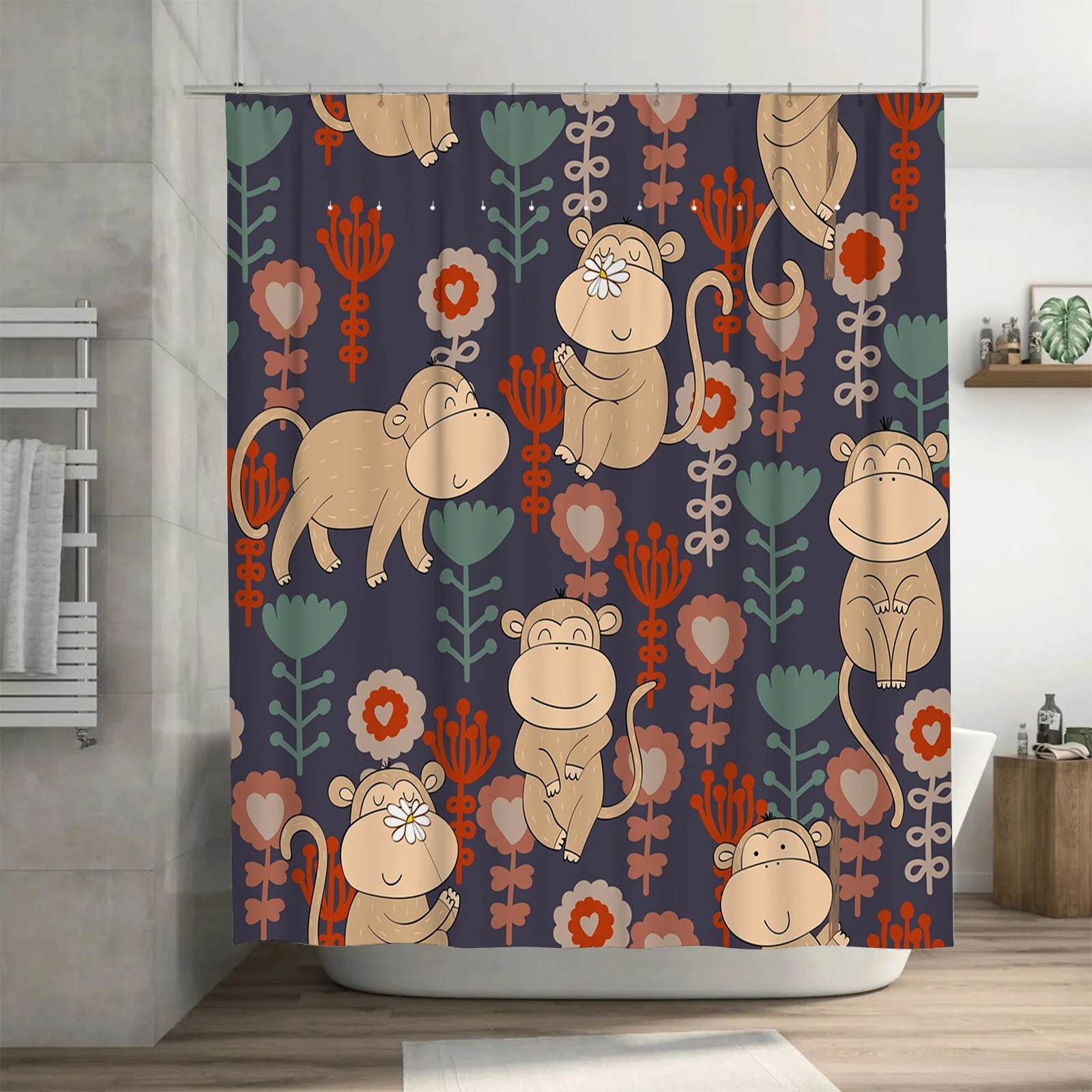 Whimsical Monkeys Flowers Shower Curtain for Bathroom Decor Fabric Waterproof Print in Purple, Orange Green Colors with Hanger R