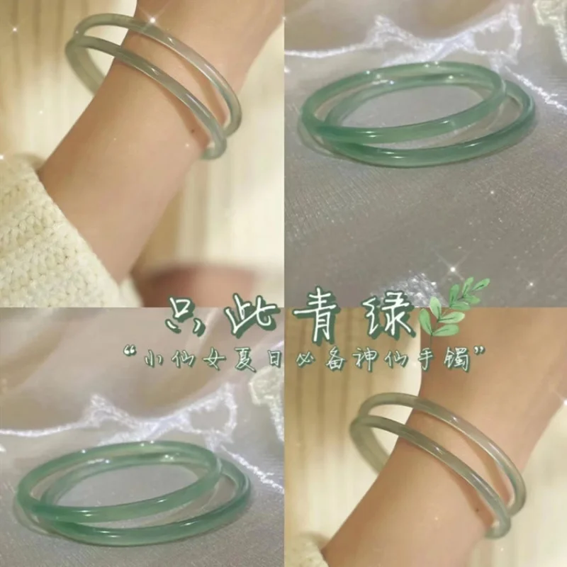 Oil Qingyuan Mountain Dai Agate Jade Bracelet Artistic Retro Jade Bracelet Only Green Chalcedony4mmJingle Bracelet