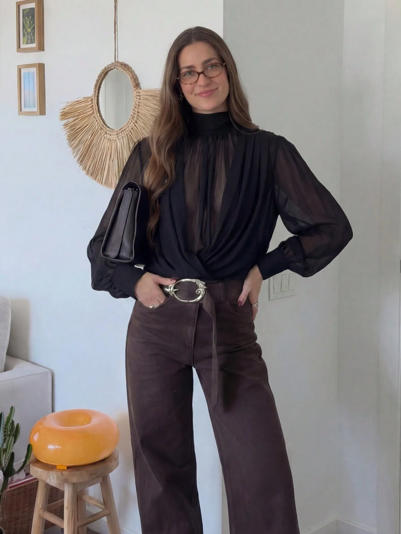 Black Mesh Blouse Women Elegant High Neck Scarf Tie Draped Long Sleeve Shirt Casual Sheer Cross Over Tops Outwear Blusa