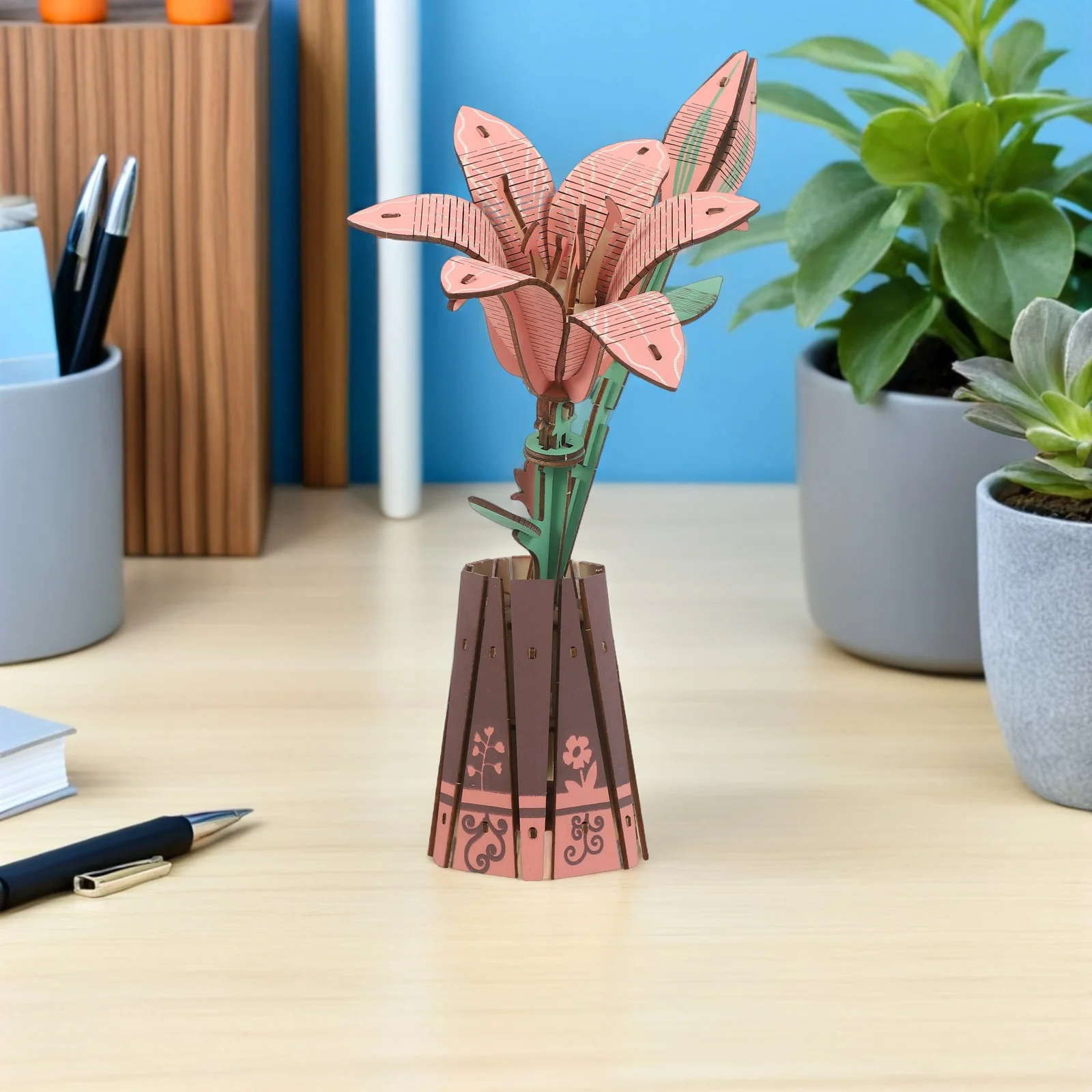 1 set di fiori in legno puzzle 3D giglio bonsai kit di montaggio per la decorazione domestica desktop arte artigianale composizione floreale set artigianale in legno fai da te