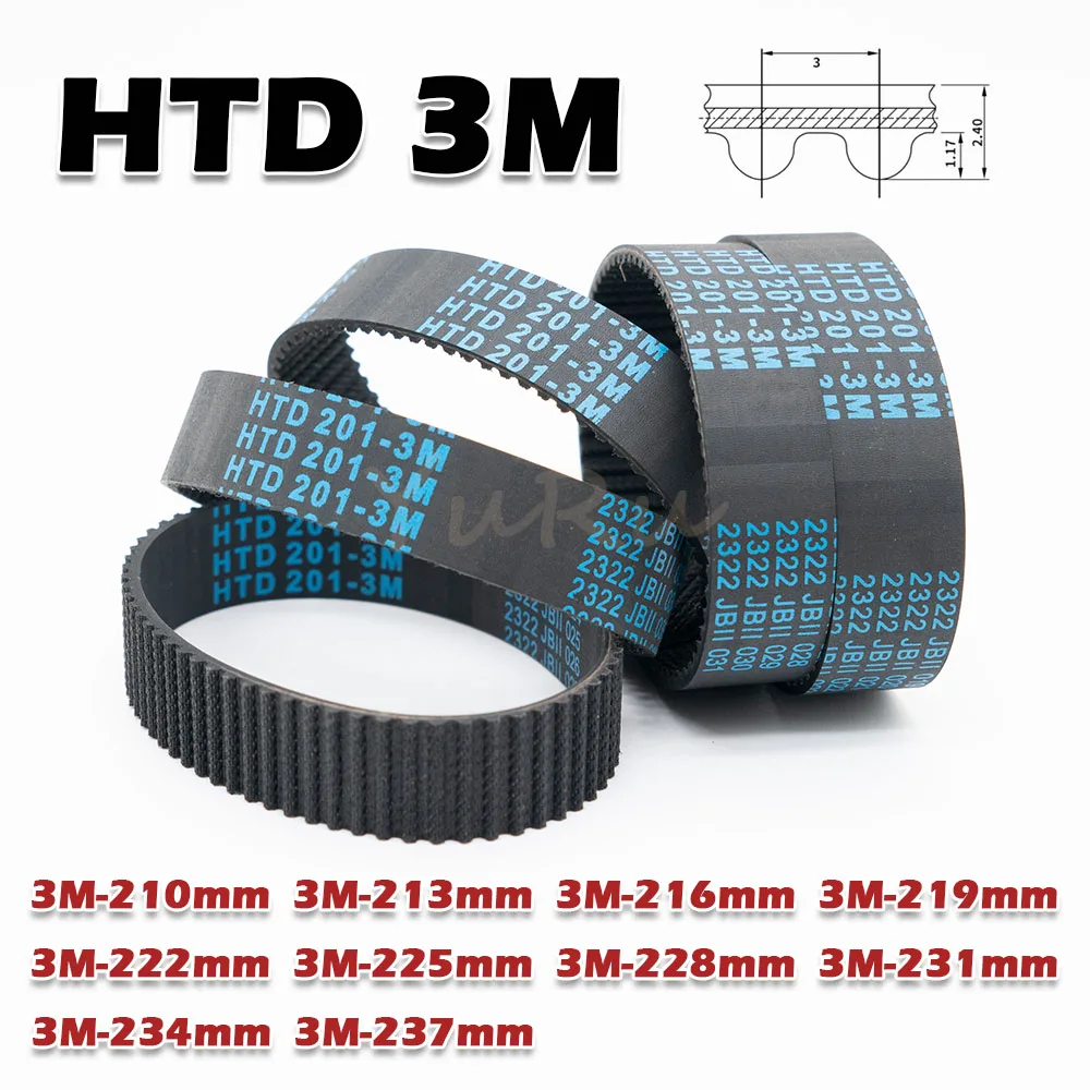Htd 3m correia dentada de borracha, largura de laço fechado 5 ~ 30mm, perímetro 210 213 216 219 222 225 228 231 234 237mm 3m, transmissão de acionamento cnc