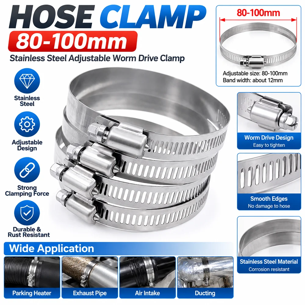 80-100mm Stainless Steel Hose Clamp Adjustable Pipe Clamp Worm Drive Band Clamp for Auto Heater Exhaust Air Intake