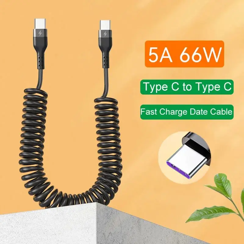 PD66W 5A Double USB-C To Type C  Fast Charging Spring Data Cable Telescopic Car Charger Cord For Samsung Huawei  Xiaomi Macbook