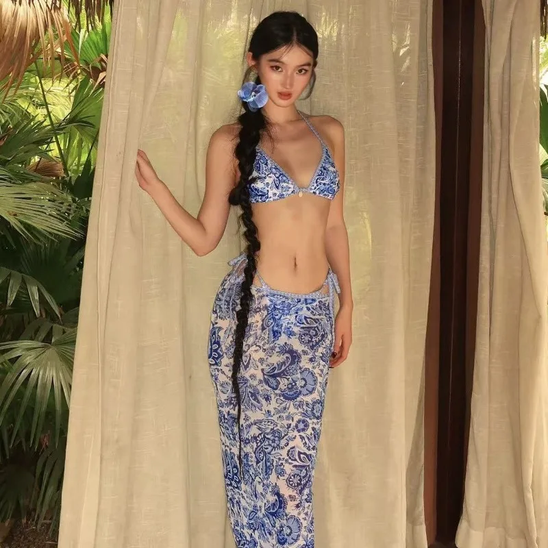 Blue And White Porcelain Print Halter Bikini 3 Piece Set Women Mesh Wrap Skirt Swimsuit For Beach Spa Vaion