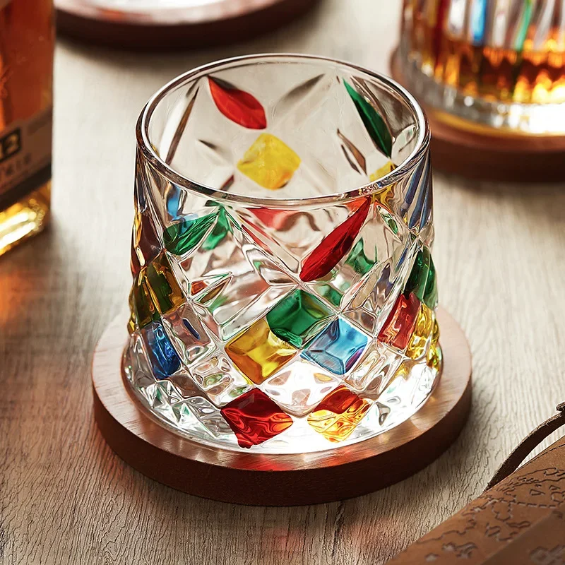 

Good-looking Colorful Glass Cup Whiskey Imported Wine Cup with Wooden Pallet Coaster Drinking Water Rotating