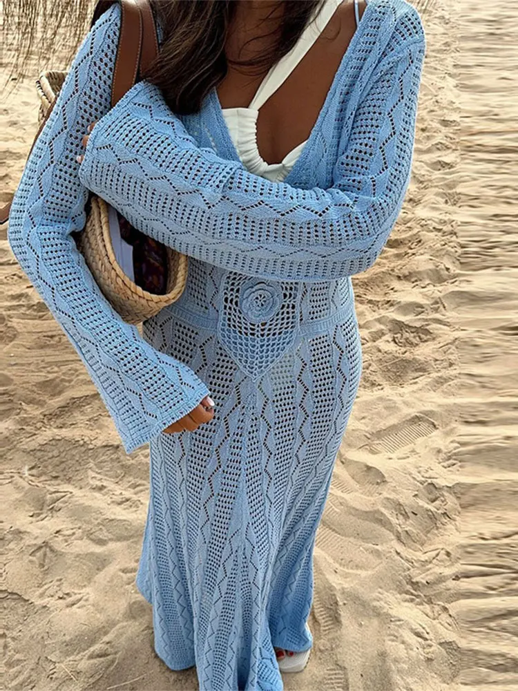 

Elegant Blue 3d Flower Hollow Out Knitted Maxi Dress Women Fashion V Neck Long Sleeves Slim Dresses Autumn Lady High Street Robe