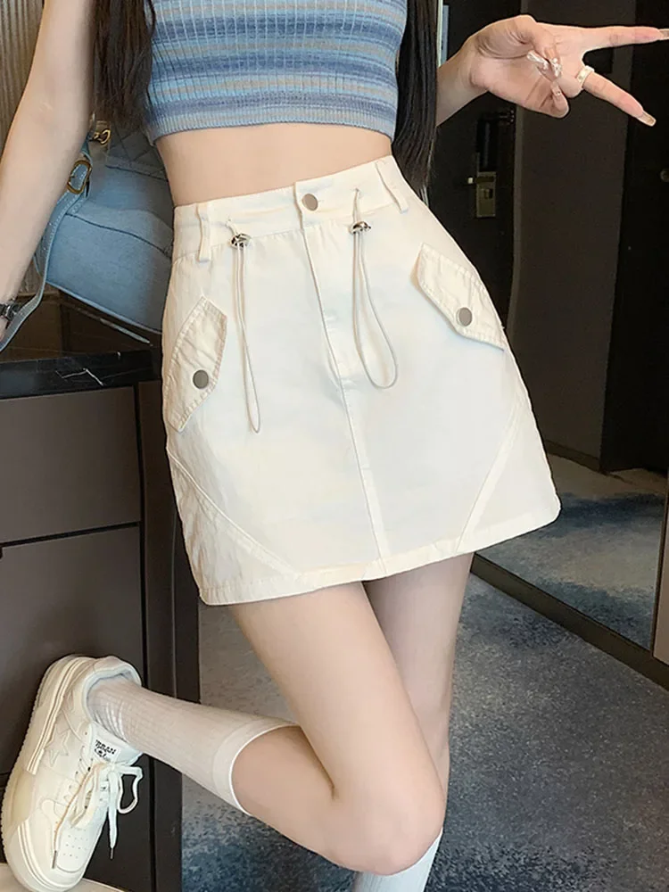 

Zoki White Sexy Cargo Skirt Women Streetwear High Waist Fashion A Line Skirts Summer Korean All Match Female Slim Skirts New