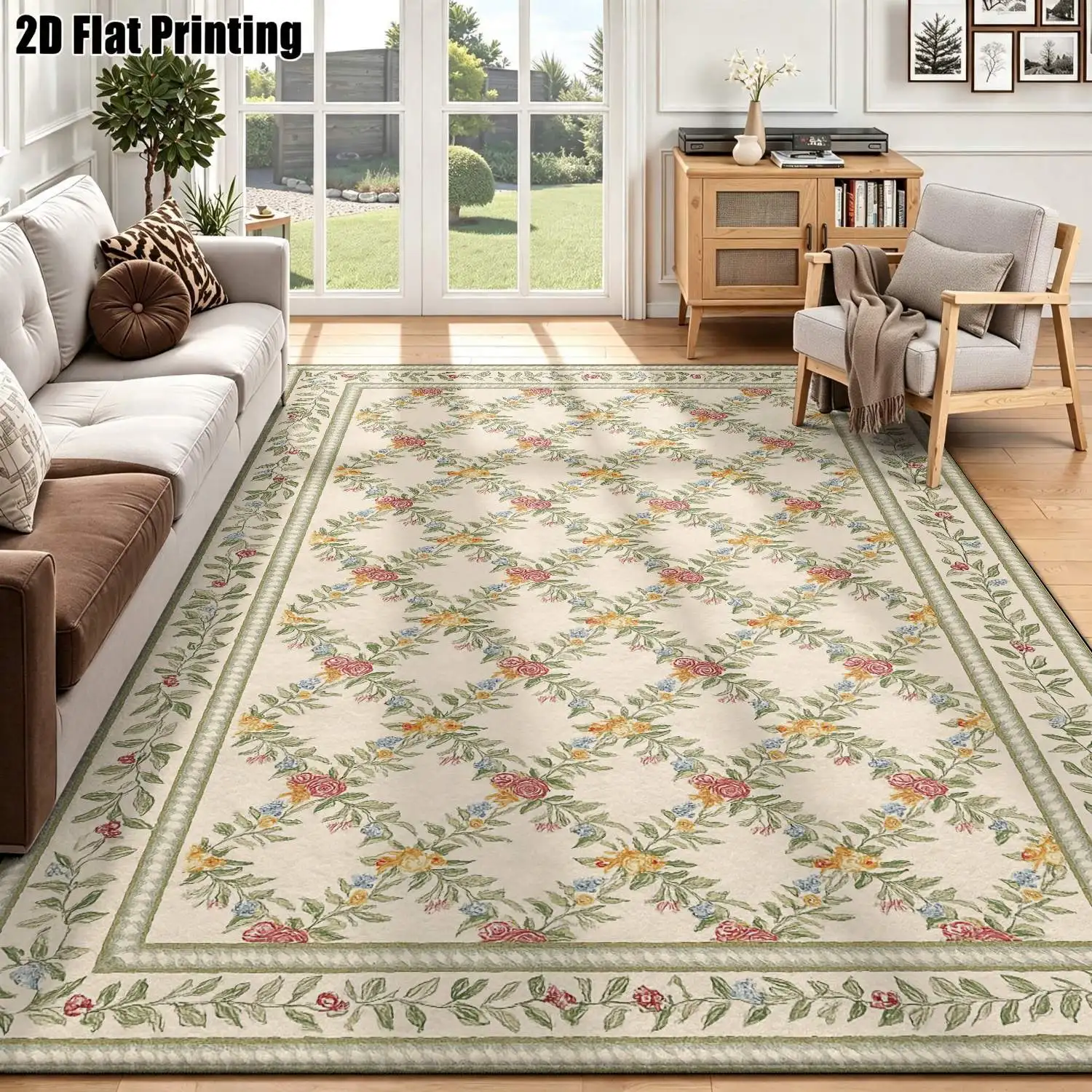 1Pc 2D Printed Carpet: Light Beige Floral Vine Patterns, European Retro Minimalist Style, Home Decor Rug, Multi-Size Machine Washable, for Entrance/Dining/Bedroom/Living Room