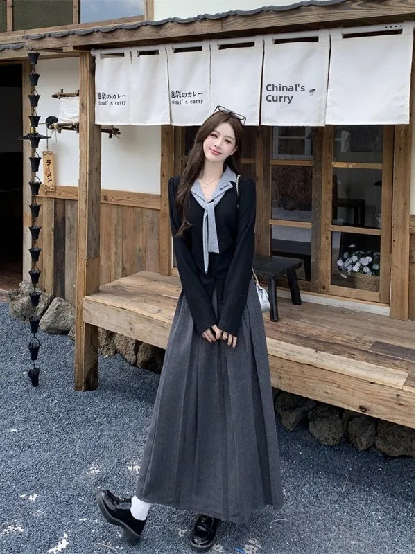 

plus Size Fashionable Embroidered Long Sleeve Turn-down Collar Set High Waist Pleated Skirt Autumn New Style Women's Clo...