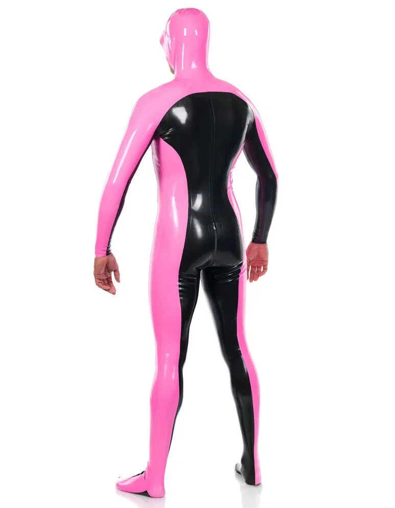 Rubber   Club Latex Catsuit Gummi Cosplay Rosa Schwarz Mit Kapuze Bodysuit 0,45mm