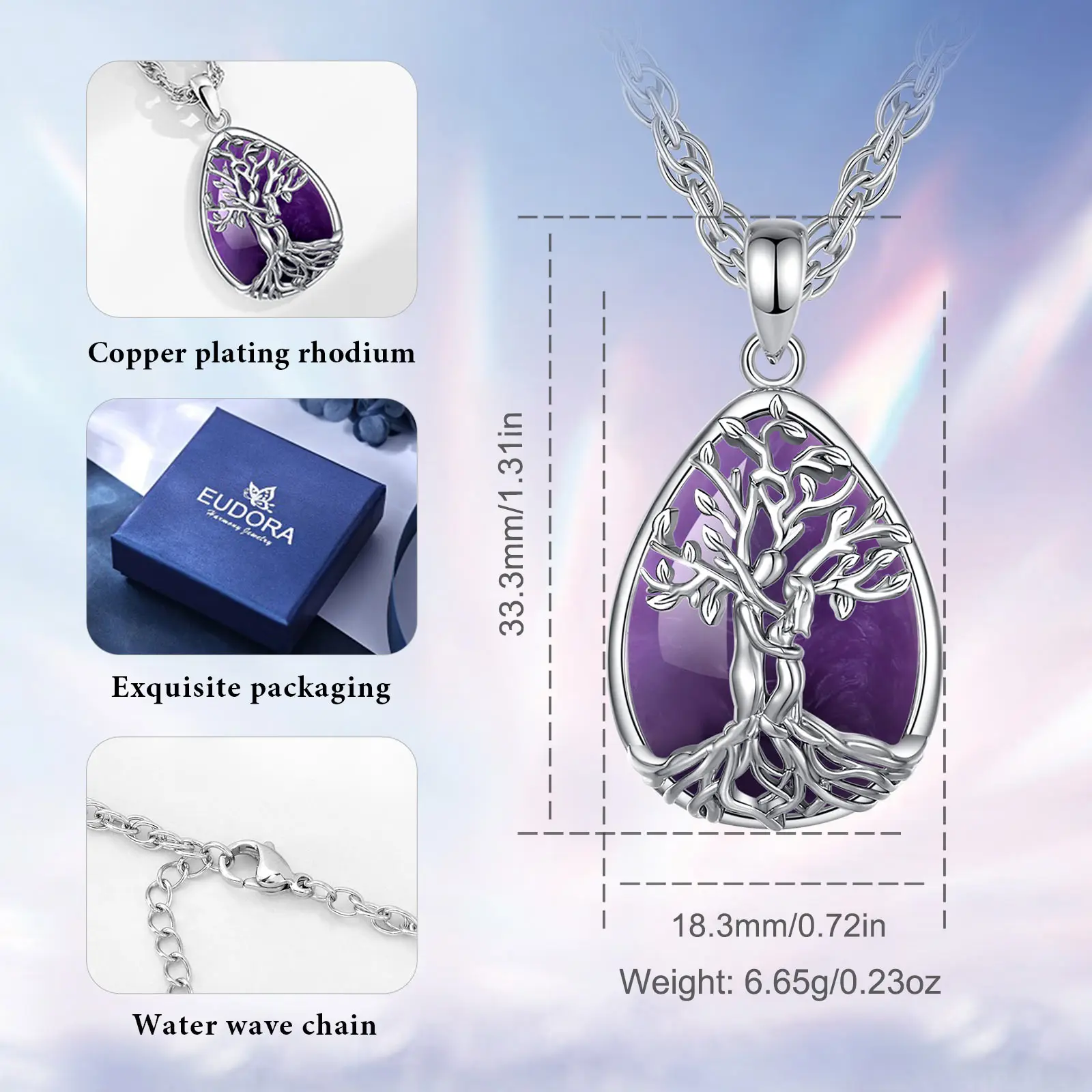 Eudora Tree of Life Couple Hug Necklace Amethyst Natural Healing Crystal Stone Pendant Spiritual Jewelry Gift for Women Men