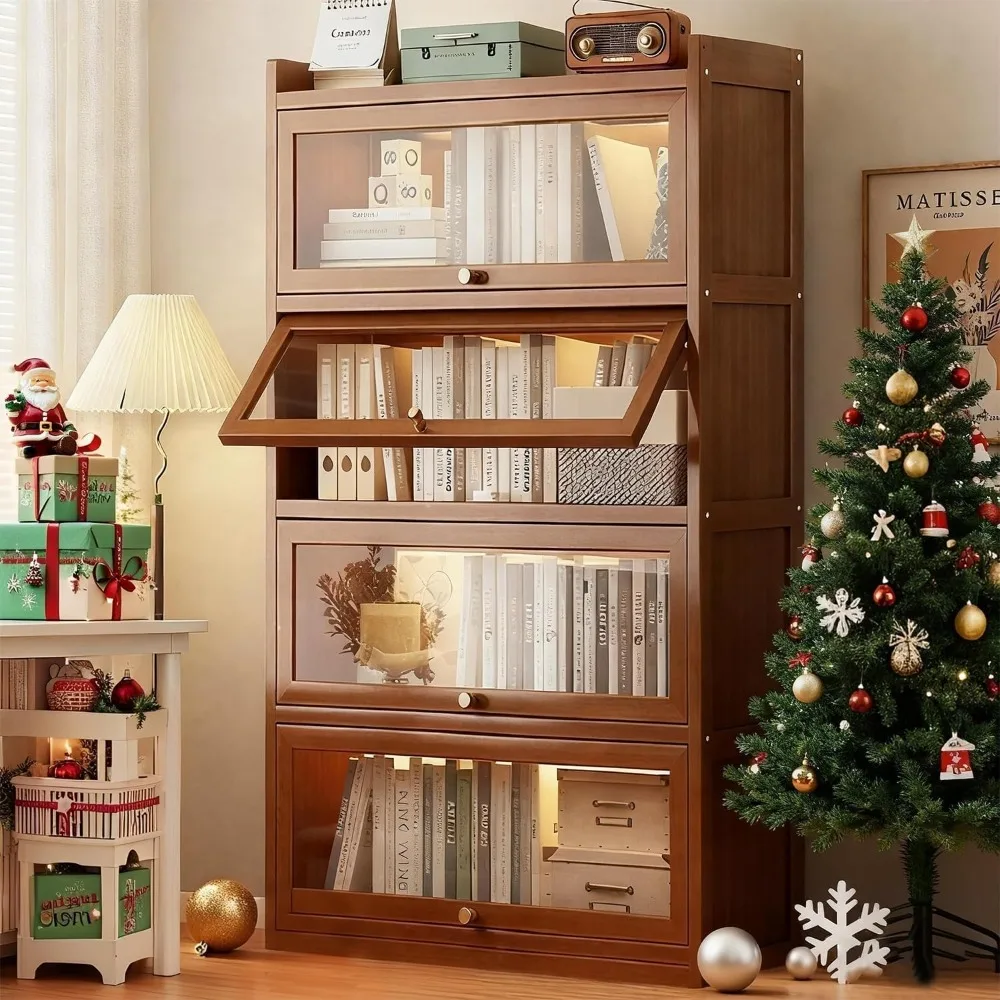 

55-inch Bamboo Bookshelf with Acrylic Doors, Freestanding Display and Storage Unit, Four-tier Height