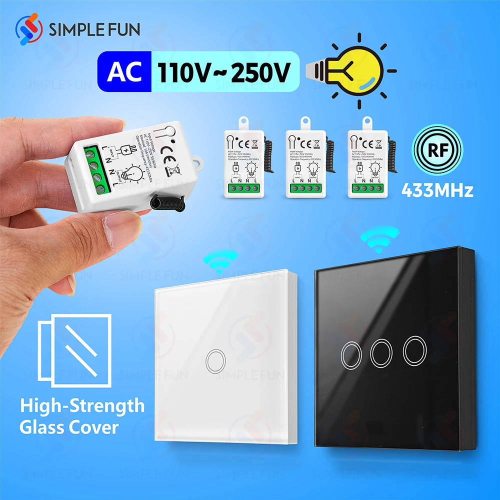 

86-Type Wireless Touch Panel Switch Wireless Light Switch 110V 220V 230V 10A Mini RF433mhz Relay Module/Interruptor for Lighting