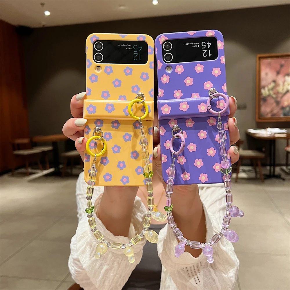 Artistic Simple Flowers with Lanyard Candy Color Phone Case for Samsung Galaxy Z Flip 3 4 5 6 5G PC Hard Anti-drop Back Cover