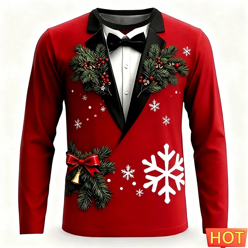 

Realistic Red Suit Pattern Christmas Long Sleeve T Shirt For Men Funny Holiday Wear 3D Printed T-shirt Loose Breathable Xmas Tee