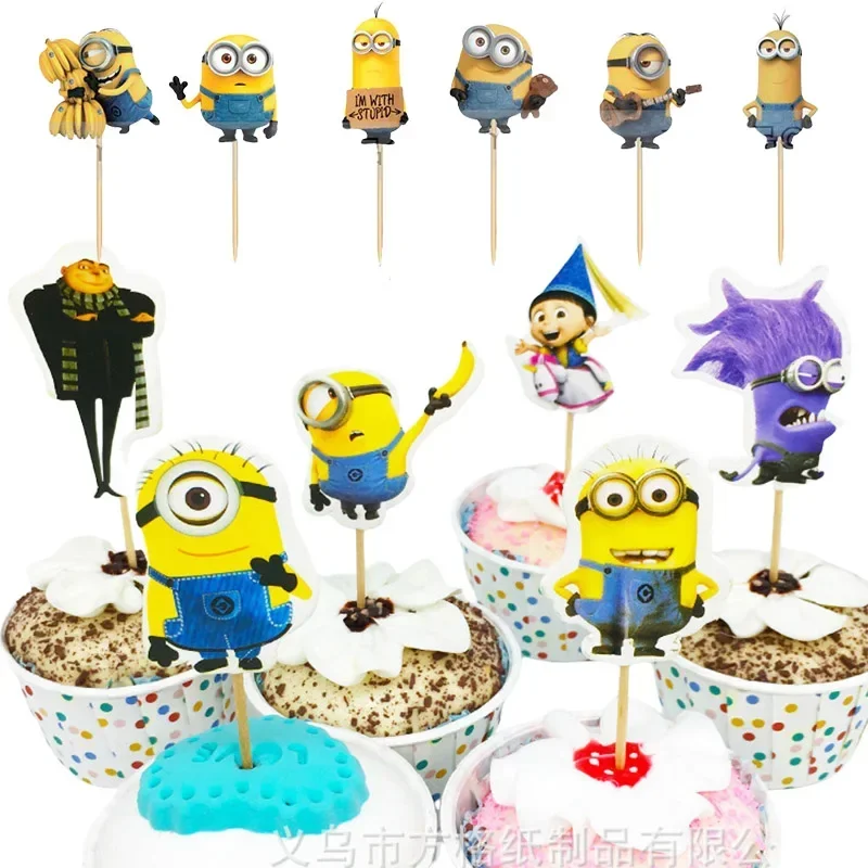 24PCS Minions Cake Topper Girl Boy Birthday Party Decoration Cake Decoration Card Topper Baby Shower Birthday Party Cupcake Flag