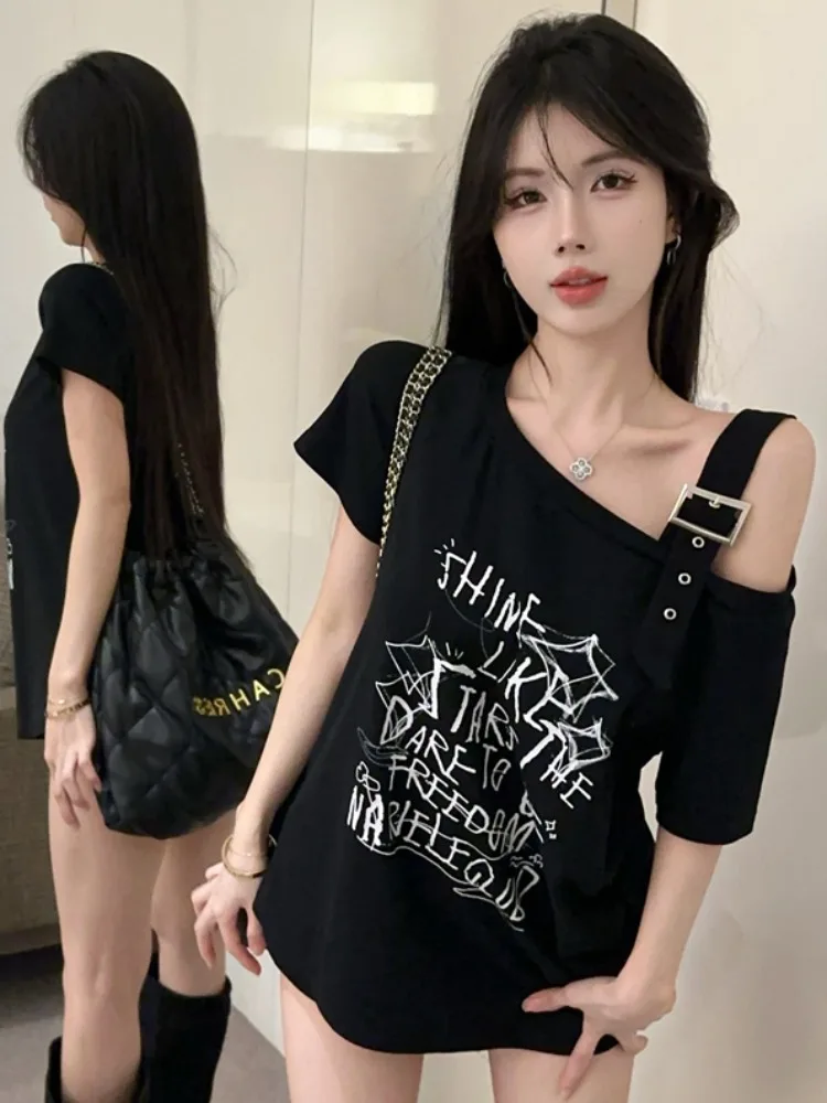 

Korean Style Spicy Girl Graffiti Print Halter Short Sleeve T-Shirt Women Spring Summer New Sweet Cool Loose Top Ladies Fashion