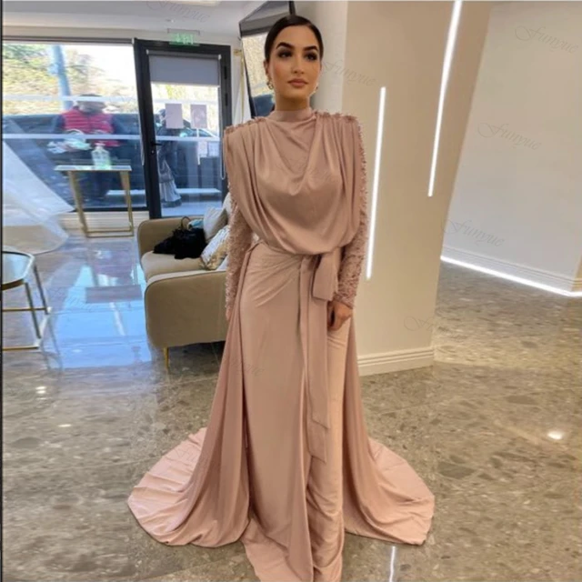 Elegant Pink Hijab Evening Dresses Long Robe De Soiree Femme Formal Party Dress Beaded Lace Full Sleeves Mermaid Evening Gown Evening Dresses AliExpress