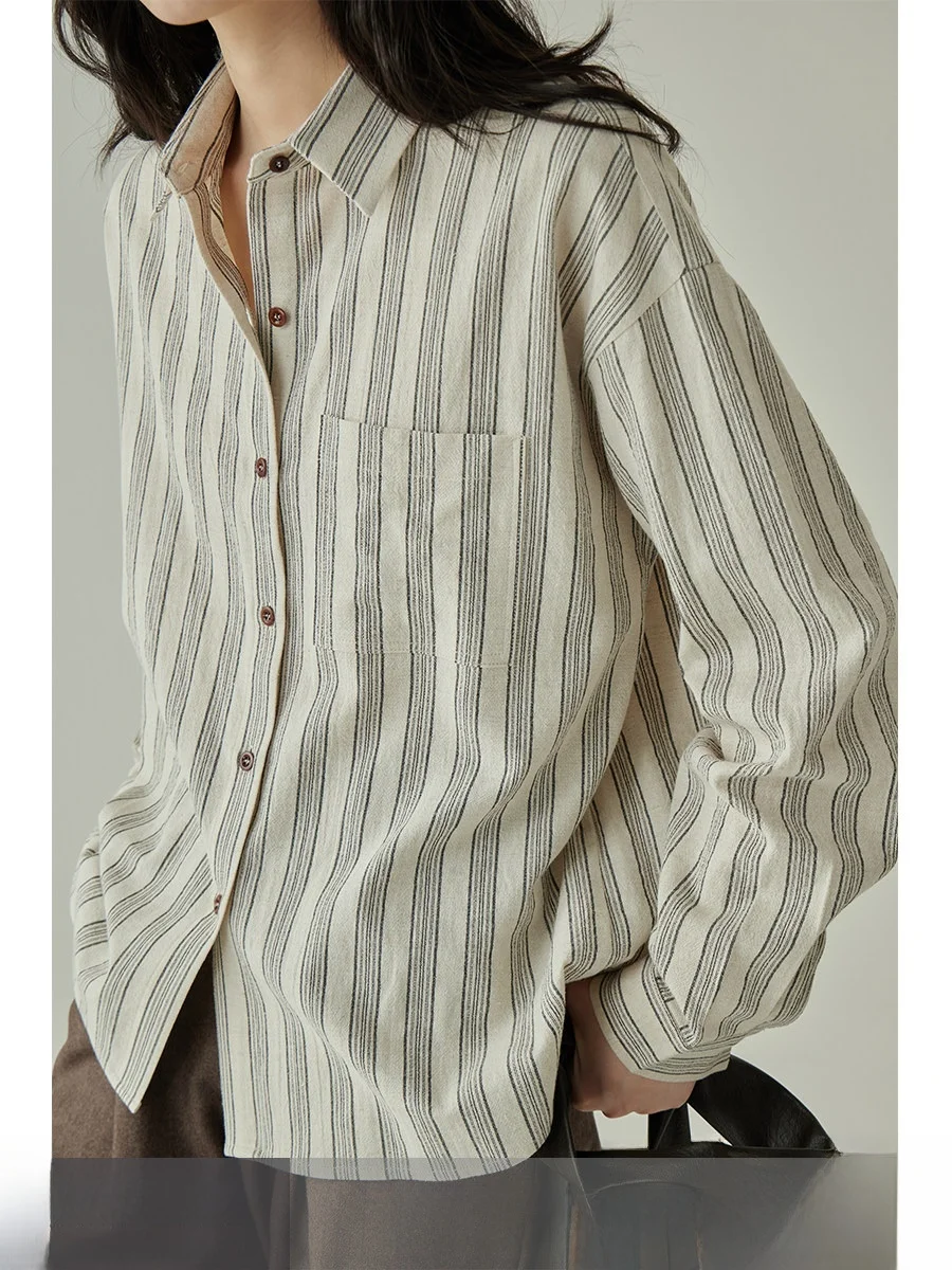 

Ayk Home Retro Hong Kong Sle Artistic Striped Long Sve Women's irt Spring Summer Loose Inner Wear Layering irt