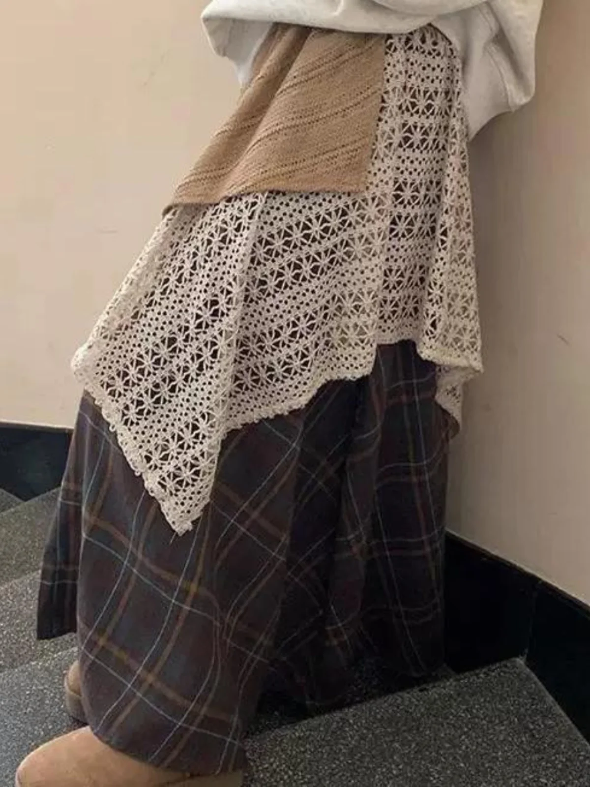 

Autumn Winter Plaid A-Line Skirt Women's Lace Patchwork High Waist Loose Fit Casual Busin Skirts for Ladies