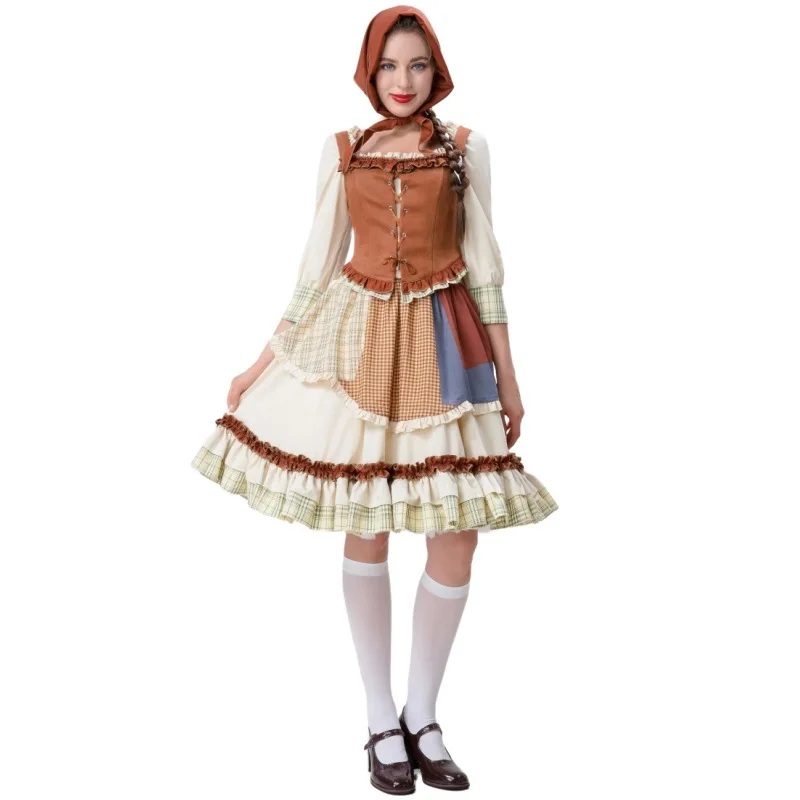Adult Women's Halloween Cosplay Costume Little Red Riding Hood Farm Maid Dress Set Traditional Chinese Ethnic Stage Costume