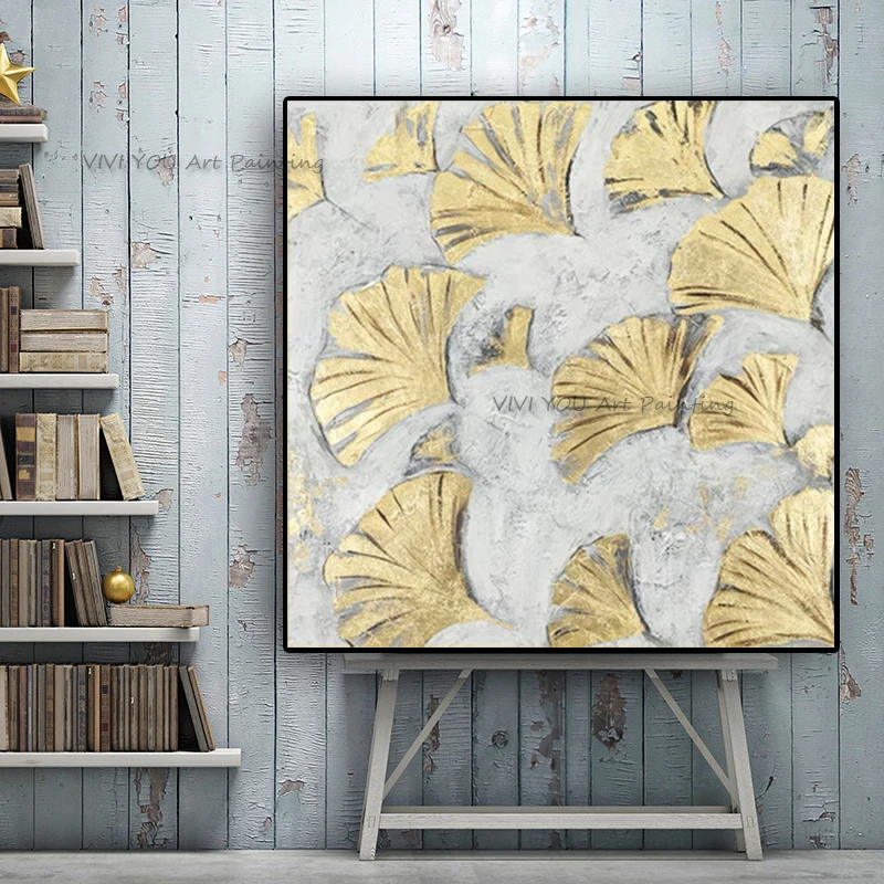 Handpainted Ginkgo biloba leaves with gold foil Oil Painting Drawing Abstract Wall Oil Painting Decor