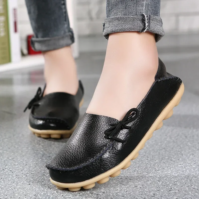 New Moccasins Women Flats Autumn Woman Loafers Genuine Leather Female Shoes Slip On Ballet Bowtie Women's Shoes Big Size 44