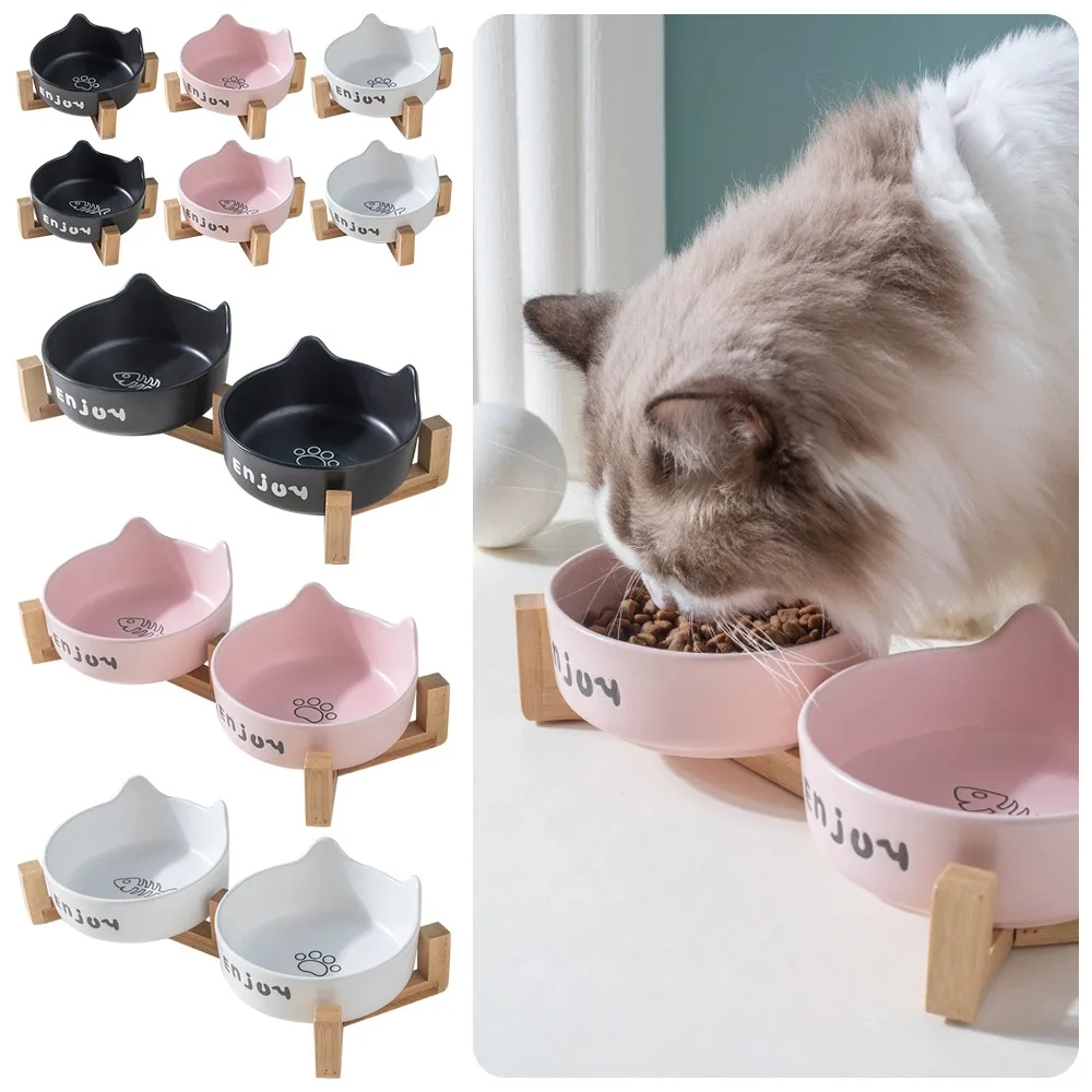 

1/2Pcs Set Ceramic Cat Bowl Split design Anti-Slip Small Dog Bowl Heightened with Base Water Feeders Cat Small Dogs Supplies