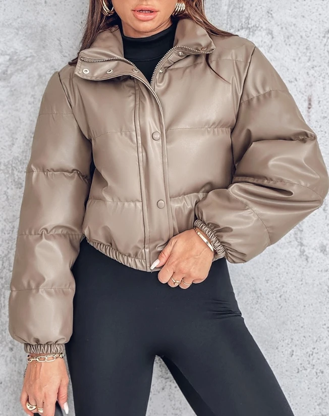 Winter Jacket Women's 2024 Casual Basic Fashion New In Coat Pu Leather Stand Up Collar Snap Zipper Windproof Warm Down Jacket