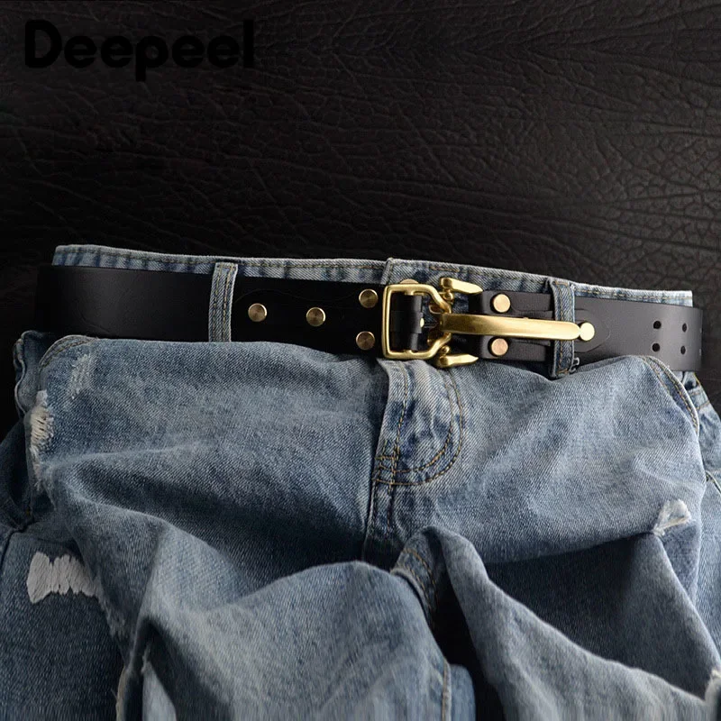 1Pc Deepeel 3.8*110-125cm Men\'s First Layer Cowskin Belt DIY Handmade Genuine Leather Knight Belts Brass Pin Buckle Waistband